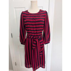 Tegan 100 Silk Long Sleeve Nautical Red Blue Stripped Dress Sz 8 Preppy